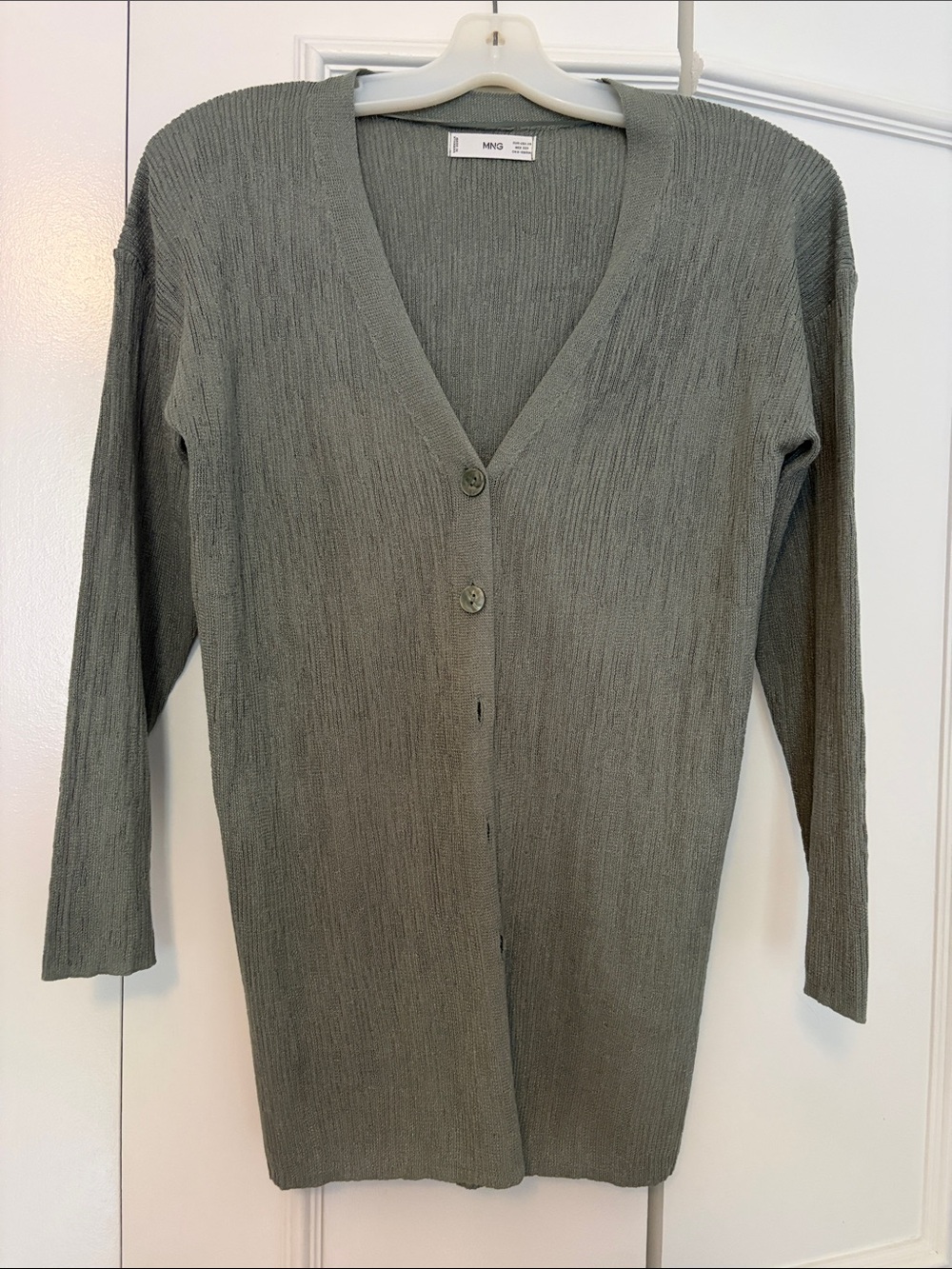 Mango Olive Ribbed V-Neck Button Cardigan